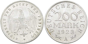 ГЕРМАНИЯ 200 МАРОК 1923 A KM 35, J. 304, Weege 22 алюминий 210-447