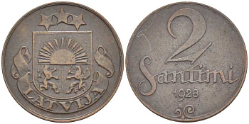 ЛАТВИЯ 2 САНТИМА 1928 ПЕРВАЯ РЕСПУБЛИКА (1918-1939) KM 2 бронза 119-142