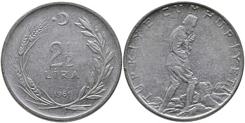 ТУРЦИЯ 2 1/2 ЛИРЫ 1961 KM 893.1 нержавеющая сталь 29-1031