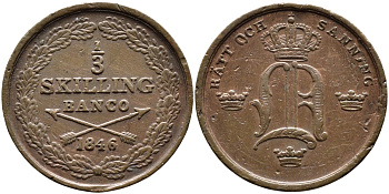 Швеция 1/3 скиллинга 1846 Оскар I (1844-1859) KM 657 медь 4393-337