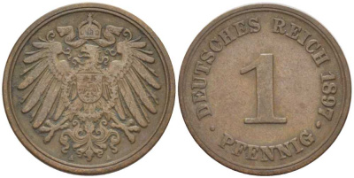 Германия 1 пфенниг 1897 A KM 10, J. 10, Weege 2 медь 211-221
