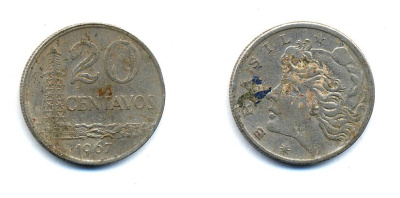 Бразилия 20 сентаво 1967 голова Свободы влево KM 579.1, Schon 84 медно-никель 51-4615