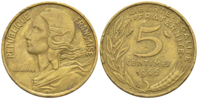 ФРАНЦИЯ 5 САНТИМОВ 1966 ТИП MARIANNE KM 933, LE FRANC 125.2 алюминиевая бронза 116-438