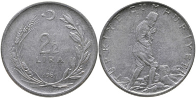 ТУРЦИЯ 2 1/2 ЛИРЫ 1961 KM 893.1 нержавеющая сталь 29-1031