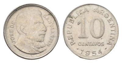 Аргентина 10 сентаво 1954 генерал Хосе де Сан Мартин KM 51 сталь плакированная никелем 4664-553