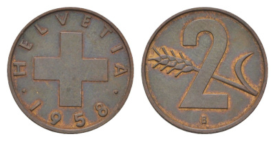 Швейцария 2 раппена 1958 B KM 47 бронза 4627-832