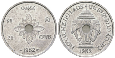 Лаос 20 центов 1952 король Сисаванг Вонг (1904-1959), слоны KM 5 алюминий 4593-511