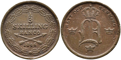 Швеция 1/3 скиллинга 1846 Оскар I (1844-1859) KM 657 медь 4393-337