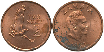 Замбия 2 нгве 1983 Кеннет Каунда, боевой орел KM 10а сталь плакированная медью 181-132