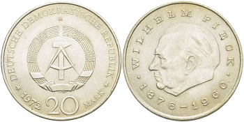 ГДР 20 марок 1972 А, Вильгельм Пик (1876-1960) KM 42 медно-никель 4521-441