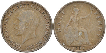 Великобритания 1/2 пенни 1934 Георг V (1910-1936) KM 837, Spink 4058 бронза 4514-1137