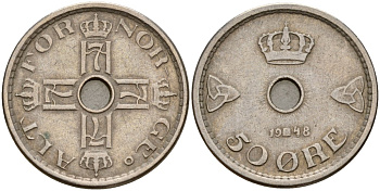 Норвегия 50 эре 1948 Хокон VII (1905-1957) KM 386 медно-никель 4187-917