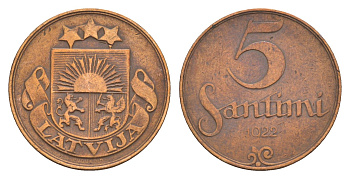 Латвия 5 сантимов 1922 KM 3 бронза 4658-1165