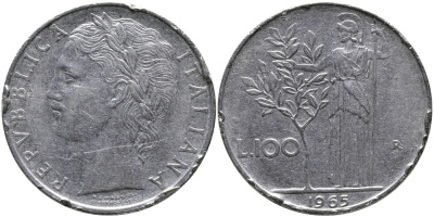 ИТАЛИЯ 100 ЛИР 1965 R, АФИНА KM 96.1 нержавеющая сталь 97-546