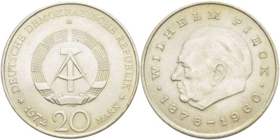 ГДР 20 марок 1972 А, Вильгельм Пик (1876-1960) KM 42 медно-никель 4521-441