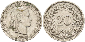 ШВЕЙЦАРИЯ 20 РАППЕНОВ 1902 В KM 29 никель 4513-242