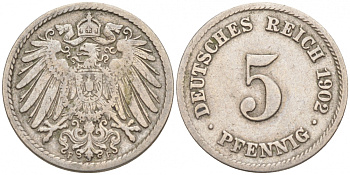 ГЕРМАНИЯ 5 ПФЕННИГОВ 1902 F, KM 11, J. 12 медно-никель 73-1558