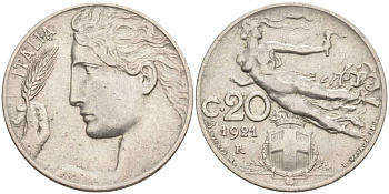 Италия 20 чентезимо 1921 R, Виктор Эммануил III (1900-1946) KM 44 никель 3853-237