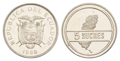 Эквадор 5 сукре 1988 KM 91.1 сталь плакированная никелем UNC 4640-1242