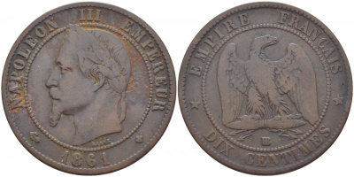 Франция 10 сантимов 1861 BB, Наполеон III (1852-1870) KM 798.2, Le Franc 134.3 бронза 114-725