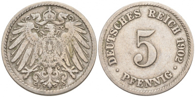 ГЕРМАНИЯ 5 ПФЕННИГОВ 1902 F, KM 11, J. 12 медно-никель 73-1558