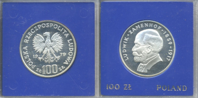 Польша 100 злотых 1979 MW, Людвик Заменгоф (1859-1917), в оригинальной пластиковой упаковке KM 103 серебро PROOF 5-3-1-15