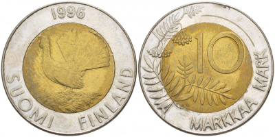ФИНЛЯНДИЯ 10 МАРОК 1996 М, ТЕТЕРЕВ KM 77 биметалл 180-241