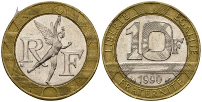 Франция 10 франков 1990 тип Гений Бастилии KM 964.1, Le Frank 375.5 биметалл 4601-421