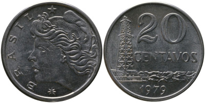 Бразилия 20 сентаво 1979 голова Свободы влево KM 579.1a, Schon 84b нержавеющая сталь aUNC 4577-1224