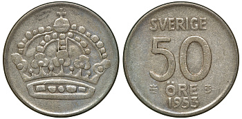 Швеция 50 эре 1953 TS, Густав VI Адольф (1950-1973) KM 825 серебро 4179-1014