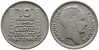 Франция 10 франков 1949 тип Пьер Турин KM 909.1, LE FRANC 362.6 медно-никель 63-1017