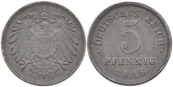 ГЕРМАНИЯ 5 ПФЕННИГОВ 1918 E KM 19, J. 297, Weege 5 железо 206-719