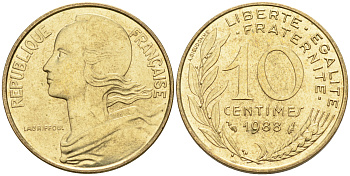 Франция 10 сантимов 1988 тип Марианна KM 929 медь алюминий никель    4594-1222