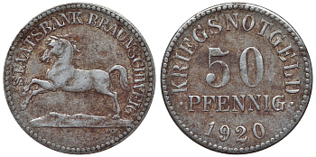 Германия, Брауншвейг 50 пфеннигов 1920 Нижняя Саксония, нотгельд J.N6 железо 4121-535