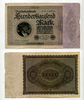 ГЕРМАНИЯ 100000 МАРОК 1923 1 ФЕВРАЛЯ 1923, БЕЗ Т ПОД ПОРТРЕТОМ Pick 83a бумага 8610-16-1-2