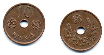 ФИНЛЯНДИЯ 10 ПЕННИ 1943 KM 33.1 медь 51-5029