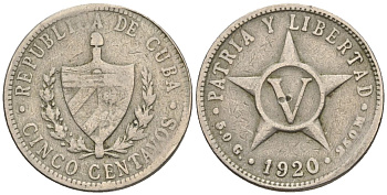 Куба 5 сентаво 1920 звезда, республика (1915-1961) KM 11.1, Y 5, Schoen 5 медно-никель 4116-231