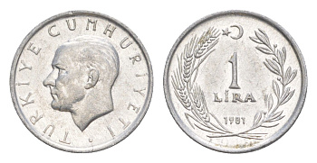 Турция 1 лира 1981 Кемаль Ататюрк KM 943 алюминий UNC 4647-628