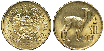 Перу 1/2 соля 1974 альпака KM 260 латунь aUNC 4605-452
