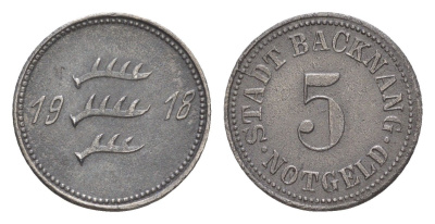 Бакнанг 5 пфеннигов 1918 маленькая пятерка Funck 25.3, Men05 1171.3, Men18 1511.3 железо 4636-1043