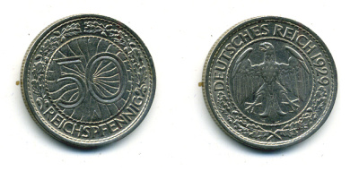 Германия 50 рейхспфеннигов 1929 А KM 49, J. 324 никель 58-525