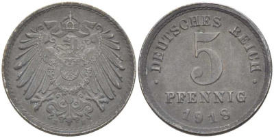 ГЕРМАНИЯ 5 ПФЕННИГОВ 1918 E KM 19, J. 297, Weege 5 железо 206-719