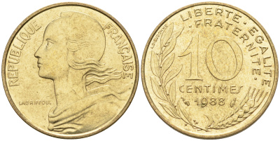 Франция 10 сантимов 1988 тип Марианна KM 929 медь алюминий никель    4594-1222