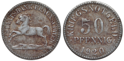 Германия, Брауншвейг 50 пфеннигов 1920 Нижняя Саксония, нотгельд J.N6 железо 4121-535