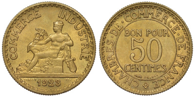 Франция 50 сантимов 1923 тип Chambres de Commerce KM 884, Le Franc 191.6 алюминиевая бронза UNC 4124-338