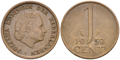 Нидерланды 1 цент 1959 Юлиана (1948-1980) КМ 180 бронза    4174-556