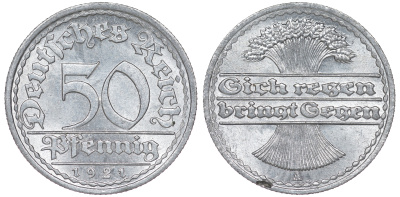 Германия 50 пфеннигов 1921 A KM 27, J. 301 алюминий aUNC 4114-551