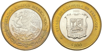 Мексика 100 песо 2005 180 лет Федерации - Коауила KM 752 биметалл, серебро BU 00-1067-7-42