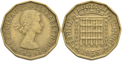 Великобритания 3 пенса 1958 Елизавета II (1952-2022) KM 900, Spink 4153 никель латунь 4556-456