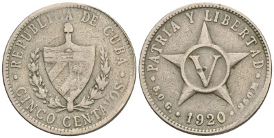Куба 5 сентаво 1920 звезда, республика (1915-1961) KM 11.1, Y 5, Schoen 5 медно-никель 4116-231